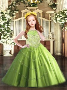Sleeveless Tulle Floor Length Zipper Little Girls Pageant Dress Wholesale in with Beading and Appliques