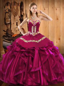 Fancy Sweetheart Sleeveless Quince Ball Gowns Floor Length Embroidery and Ruffles Fuchsia Satin and Organza