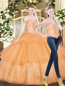 Sweet Floor Length Lace Up Ball Gown Prom Dress Orange Red for Military Ball and Sweet 16 and Quinceanera with Beading and Ruffled Layers