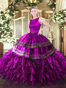 Captivating Sleeveless Satin and Organza Floor Length Clasp Handle Quinceanera Gown in Fuchsia with Ruffles