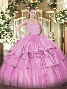 Lilac Organza and Taffeta Zipper Straps Sleeveless Floor Length 15 Quinceanera Dress Beading and Ruffled Layers