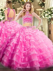 Rose Pink 15 Quinceanera Dress Military Ball and Sweet 16 and Quinceanera with Beading and Ruffled Layers High-neck Sleeveless Backless