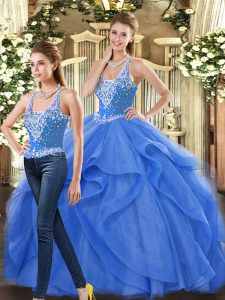 Blue Lace Up Straps Beading and Ruffles Quinceanera Gowns Tulle Sleeveless