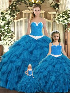 High Class Teal Ball Gowns Tulle Sweetheart Sleeveless Ruffles Floor Length Lace Up Sweet 16 Quinceanera Dress