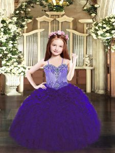 Latest Spaghetti Straps Sleeveless Pageant Gowns For Girls Floor Length Beading and Ruffles Purple Organza