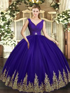 Excellent Purple Ball Gowns V-neck Sleeveless Tulle Floor Length Backless Beading and Appliques Quinceanera Gowns