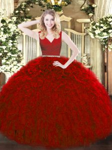 Fantastic Sleeveless Tulle Floor Length Zipper 15 Quinceanera Dress in Red with Beading and Ruffles