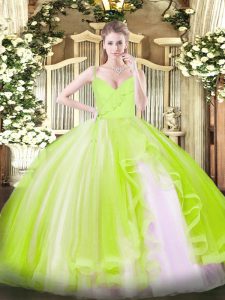 Smart Yellow Green Ball Gowns Spaghetti Straps Sleeveless Tulle Floor Length Zipper Ruffles Sweet 16 Dress