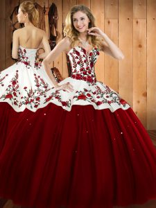 Sweetheart Sleeveless 15 Quinceanera Dress Floor Length Embroidery Wine Red Satin and Tulle