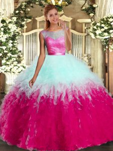 Edgy Multi-color Backless Scoop Lace and Ruffles Quinceanera Gown Organza Sleeveless