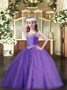 High Class Lavender Lace Up Girls Pageant Dresses Beading Sleeveless Sweep Train