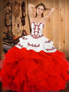 Edgy White And Red Satin and Organza Lace Up Ball Gown Prom Dress Sleeveless Floor Length Embroidery and Ruffles