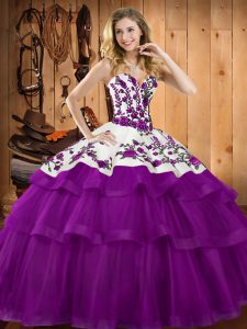 Edgy Sleeveless Floor Length Embroidery and Ruffles Lace Up Sweet 16 Dress with Purple