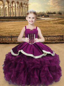 Customized Purple Lace Up Little Girls Pageant Dress Wholesale Beading and Ruffles Sleeveless Floor Length