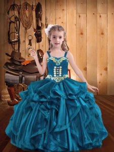 Floor Length Teal Evening Gowns Organza Sleeveless Embroidery and Ruffles