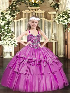 Dramatic Straps Sleeveless Kids Pageant Dress Floor Length Beading and Ruffled Layers Fuchsia Organza