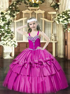Fuchsia Pageant Dress for Womens Party and Quinceanera with Beading and Ruffled Layers Straps Sleeveless Lace Up