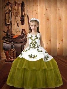 Olive Green Sleeveless Embroidery Floor Length Little Girls Pageant Gowns
