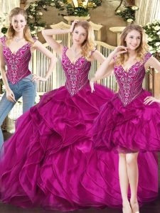 Sleeveless Organza Floor Length Lace Up 15 Quinceanera Dress in Fuchsia with Ruffles