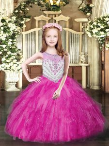 Best Fuchsia Sleeveless Floor Length Beading and Ruffles Zipper Little Girls Pageant Dress Wholesale