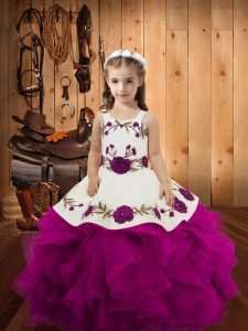 Purple Lace Up Straps Embroidery and Ruffles Little Girls Pageant Dress Tulle Sleeveless