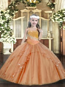 Hot Sale Rust Red Sleeveless Tulle Lace Up Little Girls Pageant Gowns for Party and Sweet 16 and Quinceanera and Wedding Party