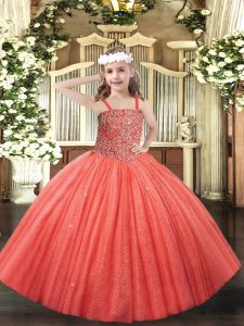 Beauteous Coral Red Ball Gowns Tulle Straps Sleeveless Beading Floor Length Lace Up Little Girl Pageant Dress