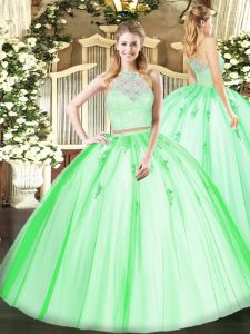 Sleeveless Floor Length Lace and Appliques Zipper Sweet 16 Dresses with