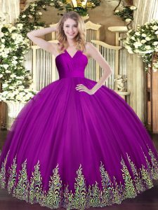 Exquisite Floor Length Zipper Quinceanera Gowns Fuchsia for Military Ball and Sweet 16 and Quinceanera with Appliques