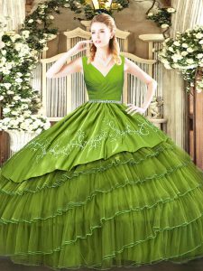 V-neck Sleeveless Sweet 16 Quinceanera Dress Floor Length Embroidery and Ruffled Layers Olive Green Satin and Organza