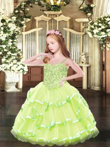 Yellow Green Little Girls Pageant Dress Party and Quinceanera with Appliques Spaghetti Straps Sleeveless Lace Up