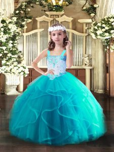 Straps Sleeveless Lace Up Little Girls Pageant Dress Aqua Blue Tulle