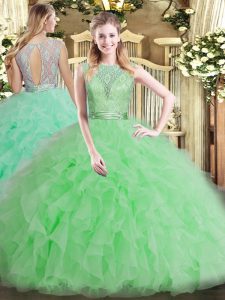 Best Beading and Ruffles Quinceanera Gown Apple Green Backless Sleeveless Floor Length