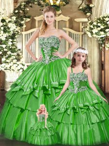 Clearance Green Sleeveless Organza Lace Up Sweet 16 Dress for Military Ball and Sweet 16 and Quinceanera