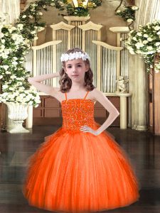 Top Selling Orange Red Spaghetti Straps Neckline Beading and Ruffles Pageant Gowns For Girls Sleeveless Lace Up