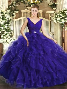 Purple Backless Quinceanera Dress Beading and Ruffles Sleeveless Floor Length