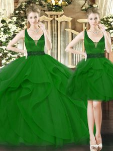 Classical Green Quinceanera Gowns Military Ball and Sweet 16 and Quinceanera with Beading and Ruffles Straps Sleeveless Lace Up