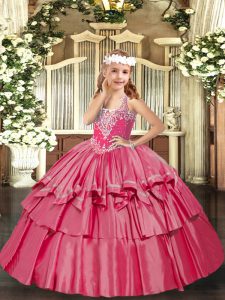 Dramatic Ball Gowns Pageant Dress Wholesale Hot Pink V-neck Organza Sleeveless Floor Length Lace Up