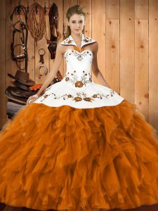 Affordable Orange Red Satin and Organza Lace Up 15 Quinceanera Dress Sleeveless Floor Length Embroidery and Ruffles