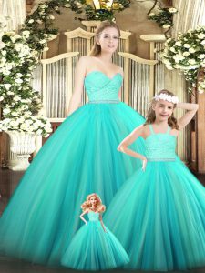 Simple Beading and Lace 15 Quinceanera Dress Turquoise Zipper Sleeveless Floor Length