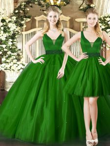 Dark Green Lace Up Quince Ball Gowns Ruching Sleeveless Floor Length