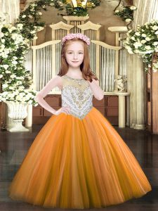 Floor Length Orange Pageant Dresses Tulle Sleeveless Beading