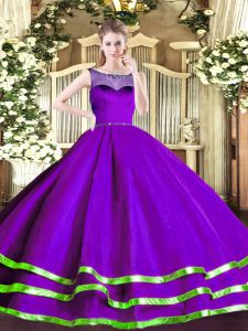 Purple Sleeveless Floor Length Beading and Ruffled Layers Zipper Quinceanera Gowns