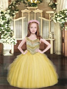 Gold Ball Gowns Scoop Sleeveless Tulle Floor Length Lace Up Beading and Ruffles Pageant Gowns For Girls