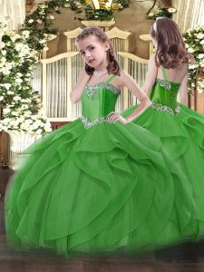 Most Popular Green Little Girls Pageant Gowns Military Ball and Sweet 16 and Quinceanera with Beading and Ruffles Straps Sleeveless Lace Up
