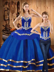 Blue Satin and Tulle Lace Up Sweet 16 Dresses Long Sleeves Floor Length Embroidery