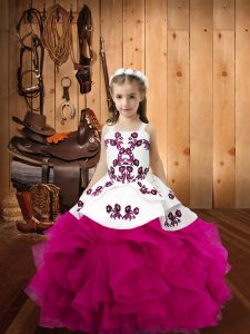 Floor Length Lace Up Pageant Gowns For Girls Fuchsia for Sweet 16 and Quinceanera with Embroidery and Ruffles