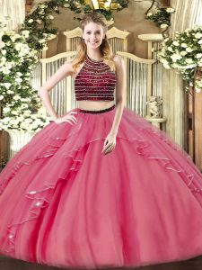 Ball Gowns Quinceanera Dresses Coral Red Halter Top Organza Sleeveless Floor Length Zipper