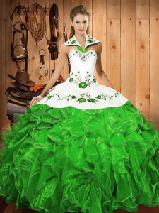 Artistic Green Halter Top Lace Up Embroidery and Ruffles Sweet 16 Dresses Sleeveless