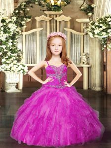 Pretty Sleeveless Lace Up Floor Length Beading and Ruffles Kids Pageant Dress